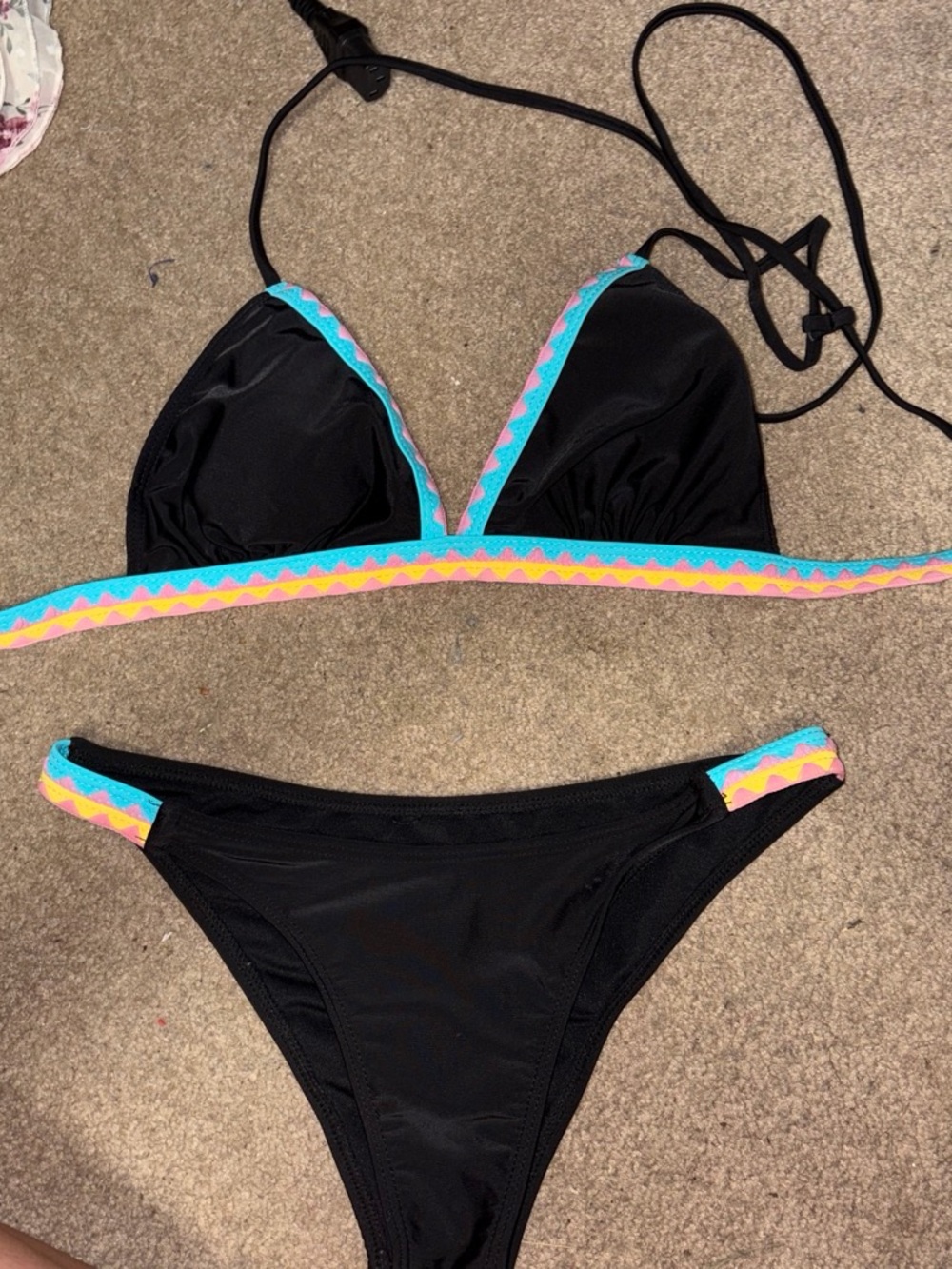 SHEIN Black Bikini Set with Turquoise & Pink Trim